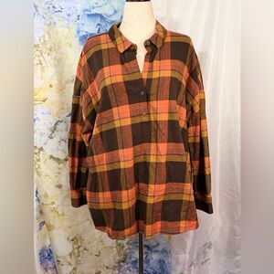 Prana Hemp & cotton Plaid flannel Tunic in Brown, Orange, and Yellow